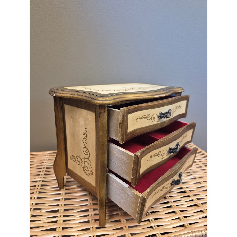 Vintage Japan Musical Jewelry Box 3 Drawer Florentine Style Bombe Vanity Chest